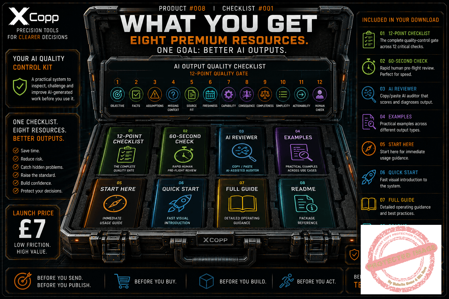 AI Output Quality Checklist 6 XCopp AI Output Quality Checklist package with 12-point checklist 60-second check AI reviewer examples and guides