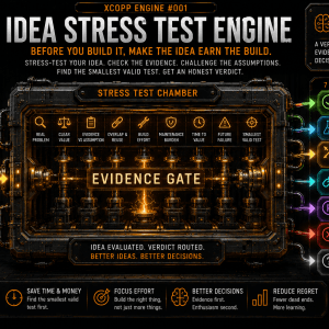 XCopp Idea Stress Test Engine for testing assumptions, evidence, effort and risk before building an idea